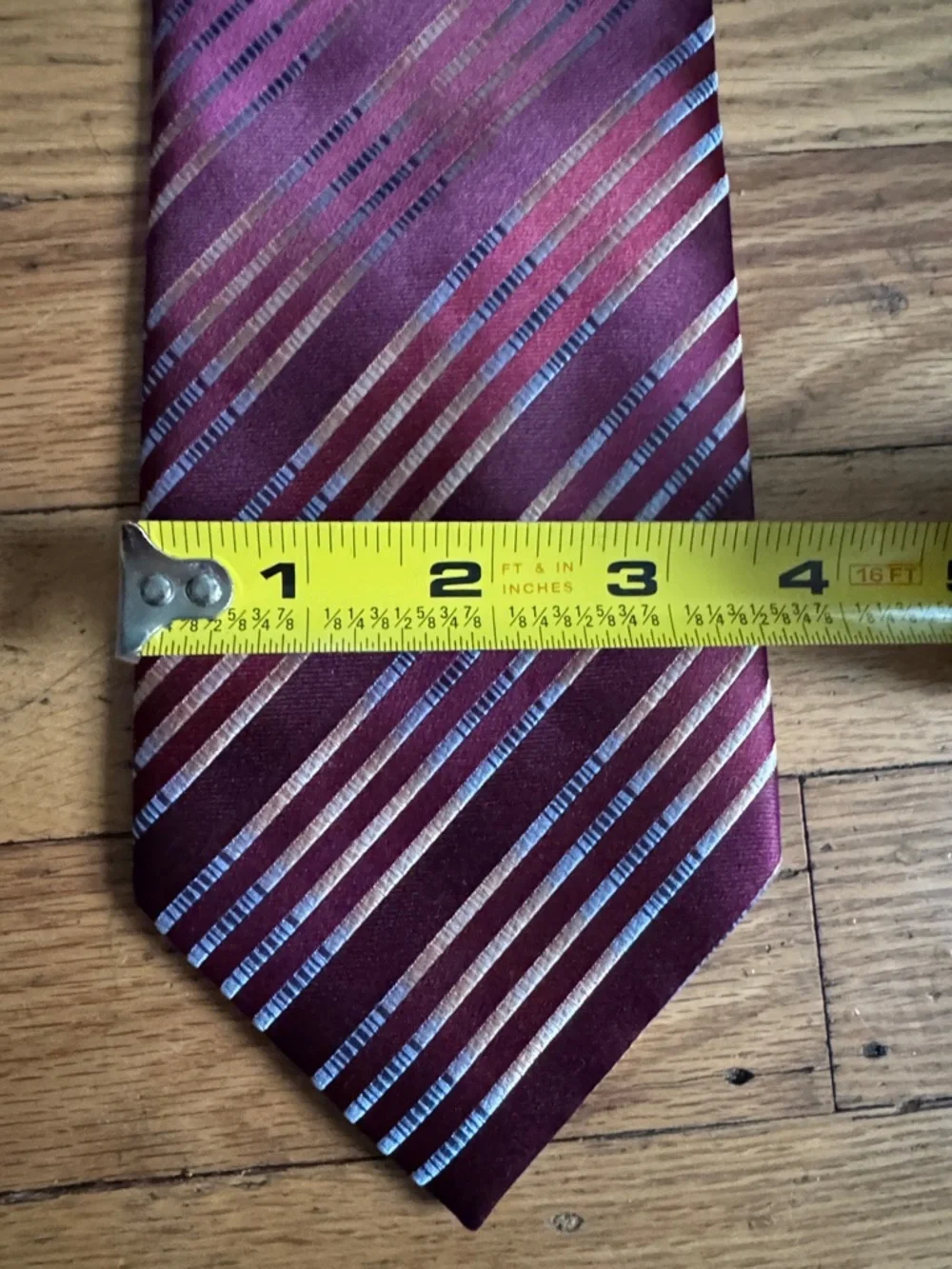 Stunning Oleg Cassini Burgundy Silk Tie with Silver and Light Blue Stripes